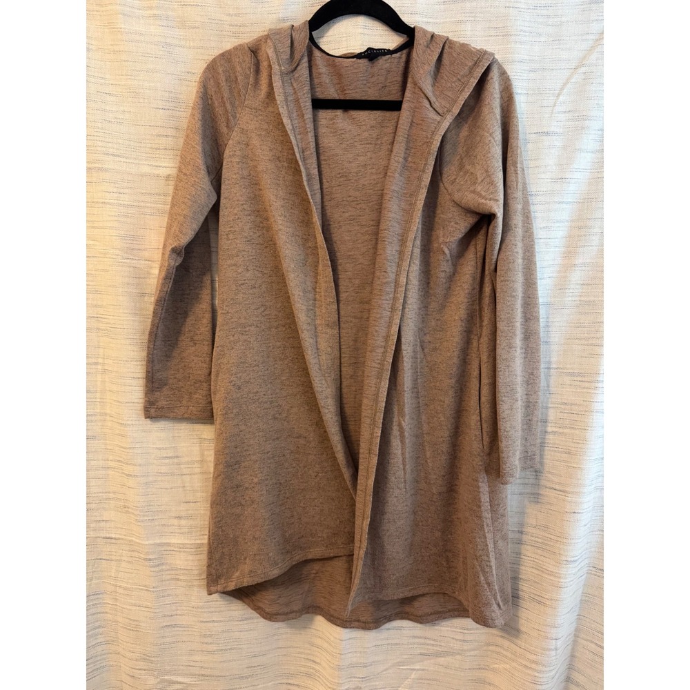 Socialite Womens Tan Heathered Open Front Hooded Cardigan Sweater Medium